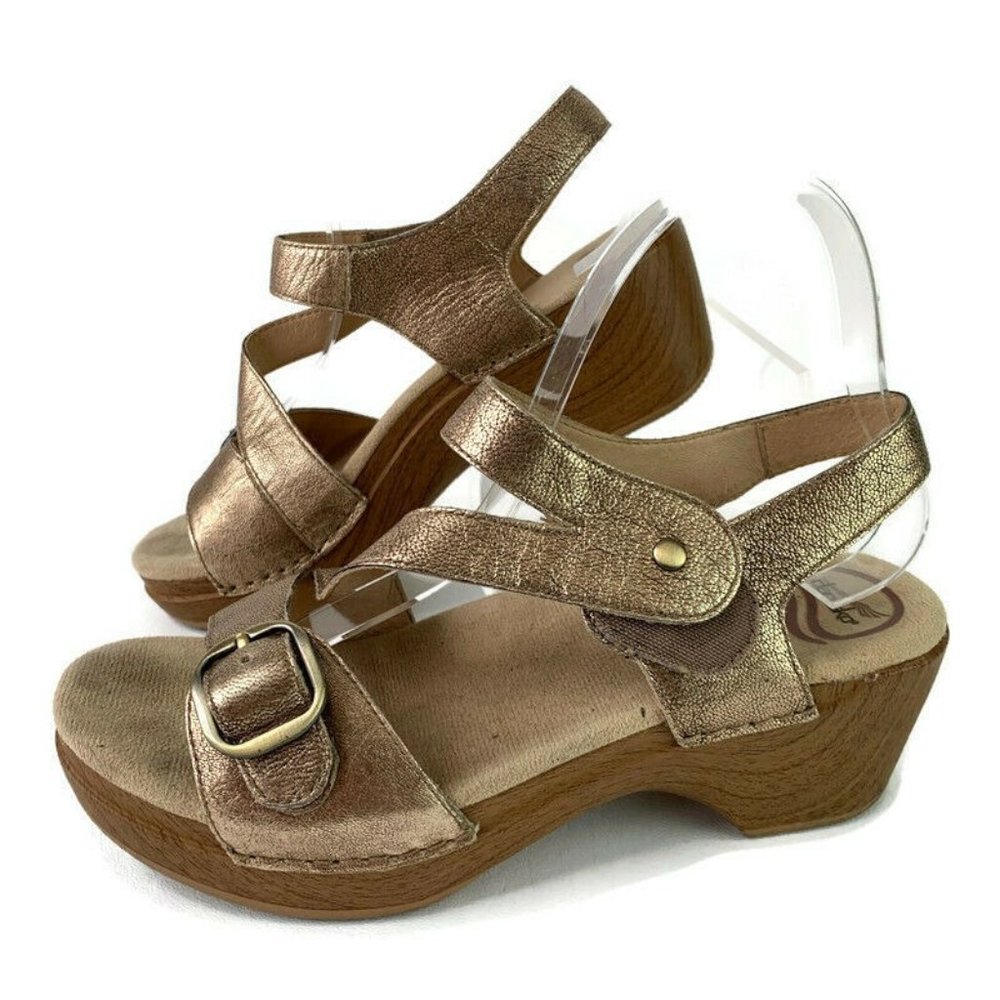 Dansko Womens Shari Gold Strappy Sandals Leather Open Toe Platform Heels 37
